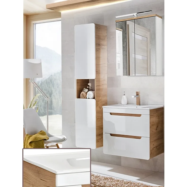 Badezimmer Waschplatz Set inkl. 61 cm Keramikwaschtisch LUTON-56 Hochglanz weiß mit Wotan Eiche Nb, B/H/T ca. 110/200/46 cm
