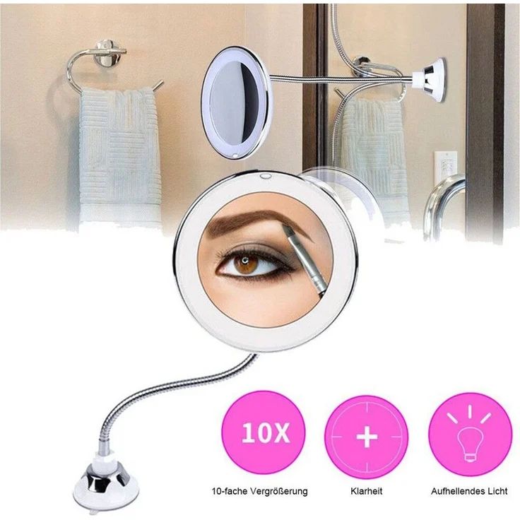 feinlux Schminkspiegel Kosmetikspiegel Vergrößerungsspiegel mit 10-fache (Packung, LED Beleuchtung Saugnapf Kosmetikspiegel), Geeignet für Make-up, das Einsetzen von Kontaktlinsen – Bild 2