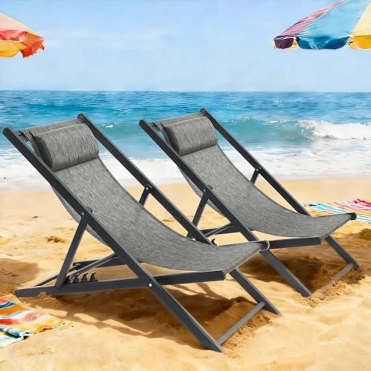 Mondeer Sonnenliege 2er Set, klappbarer Liegestuhl mit Kopfstütze und Verstellbarer Rückenlehne für Garten Pool Terrasse, Belastbarkeit 130kg, W104 x D58 x H95cm, Schwarz und Grau – Bild 7