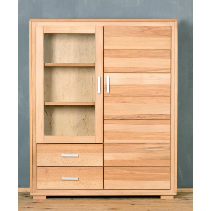 Woodline Highboard Vitrine 2-türig Kernbuche Massivholz geölt, Genf, Auszug ohne Softclose 112x40x139 cm – Bild 4