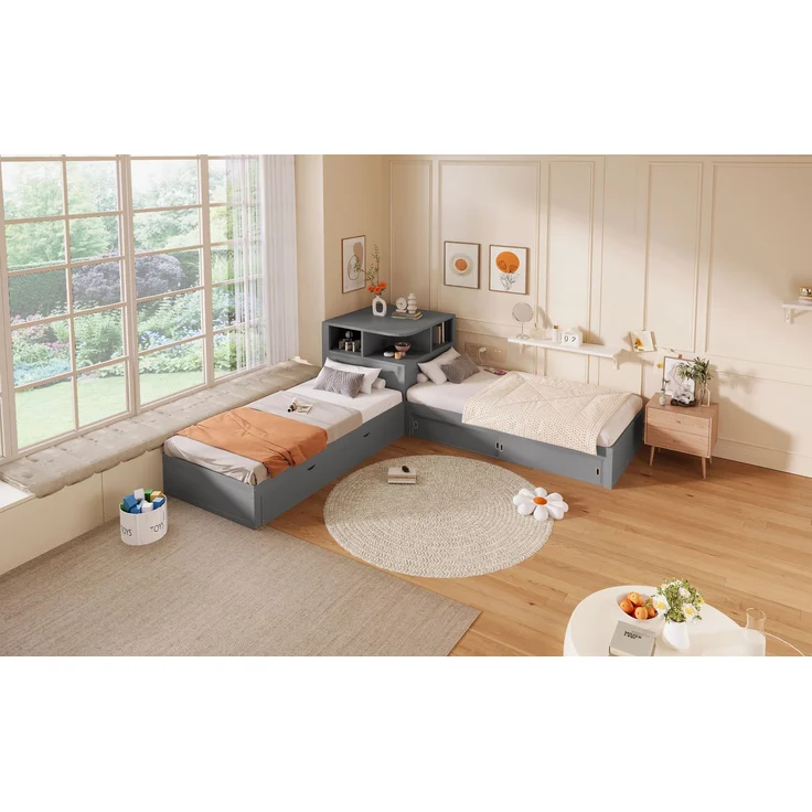 ZUBALIYA Holzbett 90 x 200 cm – Ausziehbett, Stauraum mit Schiebetüren, LED-Beleuchtung, MDF, Kiefer, Grau – Bild 8