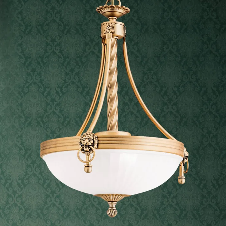Orion Traditionelle Hängeleuchte Rocca, 34 cm mit bronzefarbenen Applikationen und weißem Alabasterglasschirm