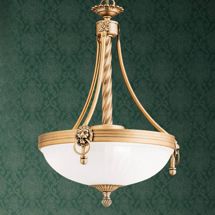 Orion Traditionelle Hängeleuchte Rocca, 34 cm mit bronzefarbenen Applikationen und weißem Alabasterglasschirm