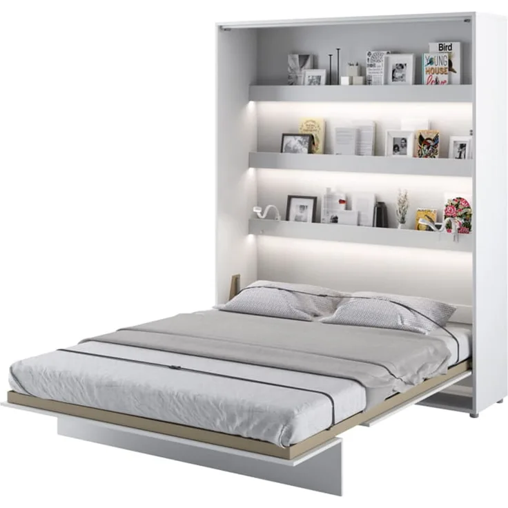 MEBLINI Schrankbett Bed Concept - BC-12 - 160x200cm Vertikal - Weiß Matt mit Matratze - Wandbett mit Lattenrost - Klappbett mit Schrank - Wandklappbett - Murphy Bed - Bettschrank