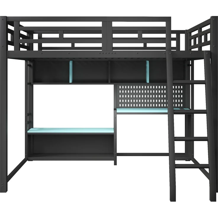 140x200 Metall Etagenbett mit Schreibtisch im Gaming-Stil, LED-Beleuchtung und Aufbewahrungsregalen, Schwarz+Blau – Bild 7