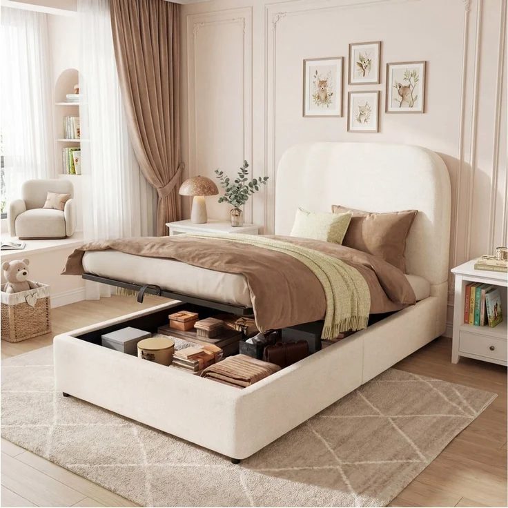 MODFU Polsterbett 90x200 cm mit Stauraum aus Bouclé, Beige (Packung, 1-tlg, Mit Lattenrost & Kopfteil, großem Stauraum, hydraulisch), Gepolstertes Kopfteil, ideal als Kinder- & Einzelbett(ohne Matratze) – Bild 3