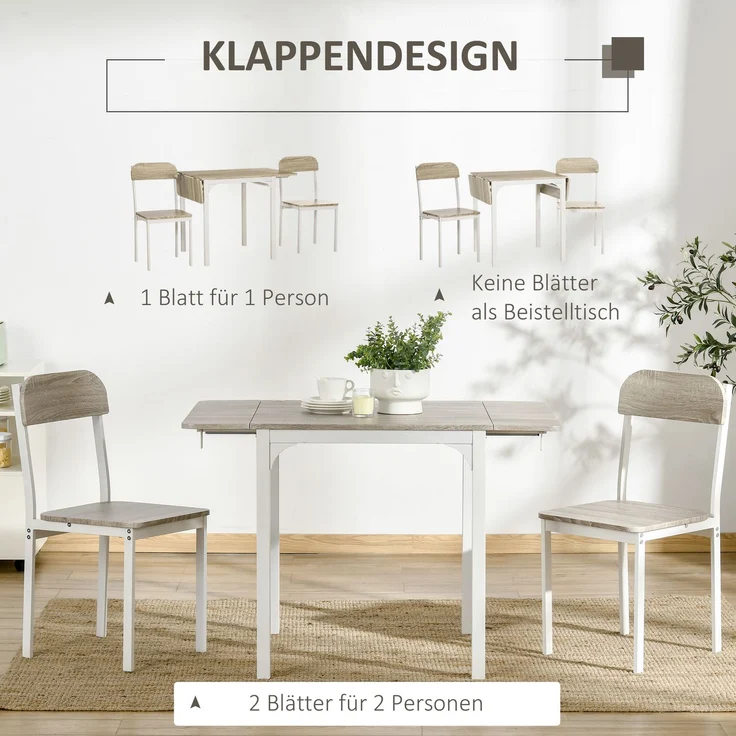 2-teilige Sitzgruppe, Klappbarer Esstisch mit 2 Stühlen, Klapptisch, 110 cm x 70 cm x 75 cm, Weiß + Natur--Natur+Weiß--75x70x110cm--YOUDENOVA – Bild 7