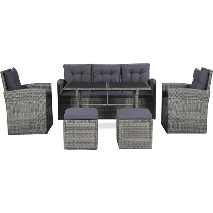 vidaXL 6-tlg. Garten-Lounge-Set, mit Auflagen, Poly Rattan Grau – Bild 2