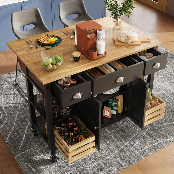 Kücheninsel 120 cm Schwarz & Natur, Küchenwagen mit klappbaren Seiten 73 cm, multifunktionaler mit Schublade und verstellbaren Ebenen – Bild 3
