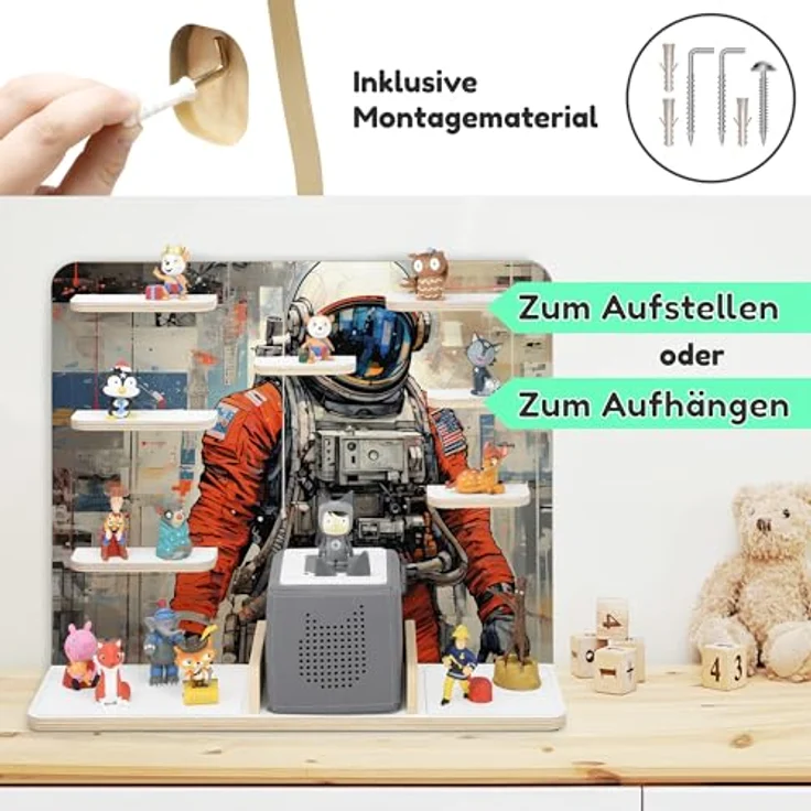 stadtecken Holzregal für Musikbox I Geeignet für die Toniebox und ca. 50 Tonies I Perfekte Tonie Aufbewahrung im Kinderzimmer I Zum Aufstellen oder Aufhängen I Astronaut, groß – Bild 8