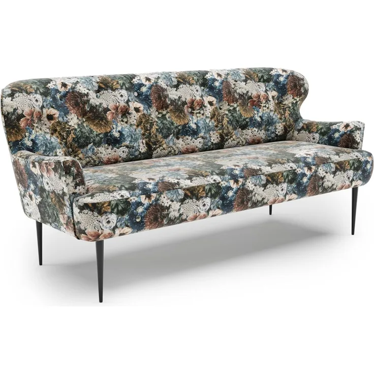 CAVADORE 3-Sitzer Küchensofa Amba, Trendige Sitzbank für Küche oder Esszimmer / 193 x 97 x 87 / Jacquard Flachgewebe: Blumenmuster Blau