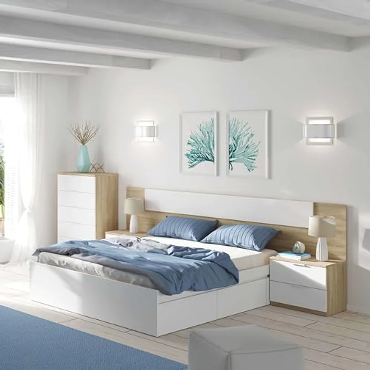Habitdesign, modernes Kopfteil mit 2 Nachttischen – Schlafzimmer-Set für Doppelbett in Artik weiß & Kanadischer Eiche, viel Stauraum, Maße: 247 x 50 x 38 cm (B x H x T), Modell Alaya – Bild 7