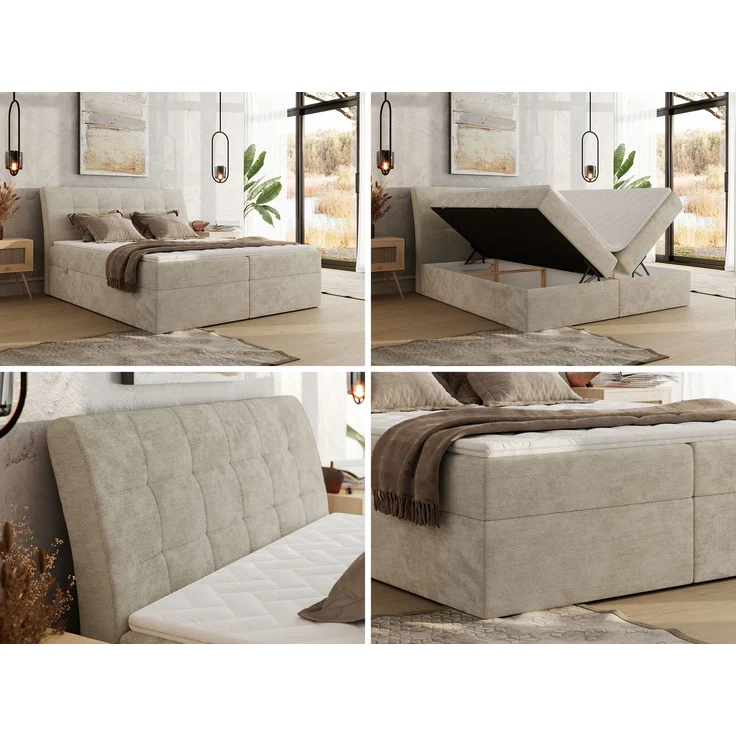 Boxspringbett DAGOS 120x200 cm mit Kopfteil, Lattenrost und Stauraum – Doppelbett mit Matratze & Topper Visco , stabile Konstruktion, Bettkasten, modernes Design - Beige Schenille glatt - H3 – Bild 2