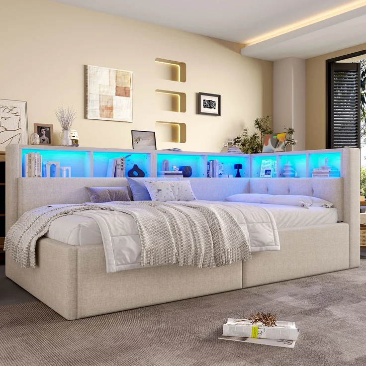 ZUBALIYA Schlafsofa / Tagesbett, mit hydraulische Aufbewahrungsfunktion und mehrfarbiger LED-Streifenbeleuchtung, 90 x 200 cm, Leinen, Beige, fürs Schlafzimmer, mit Stauraum, mit LED, Samt – Bild 7