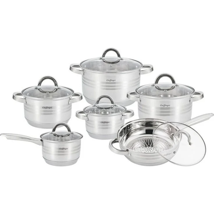 Kochtopf Kasserolle Bratpfannen Set 12-tlg Edelstahl Cheffinger SS1230 – Bild 3