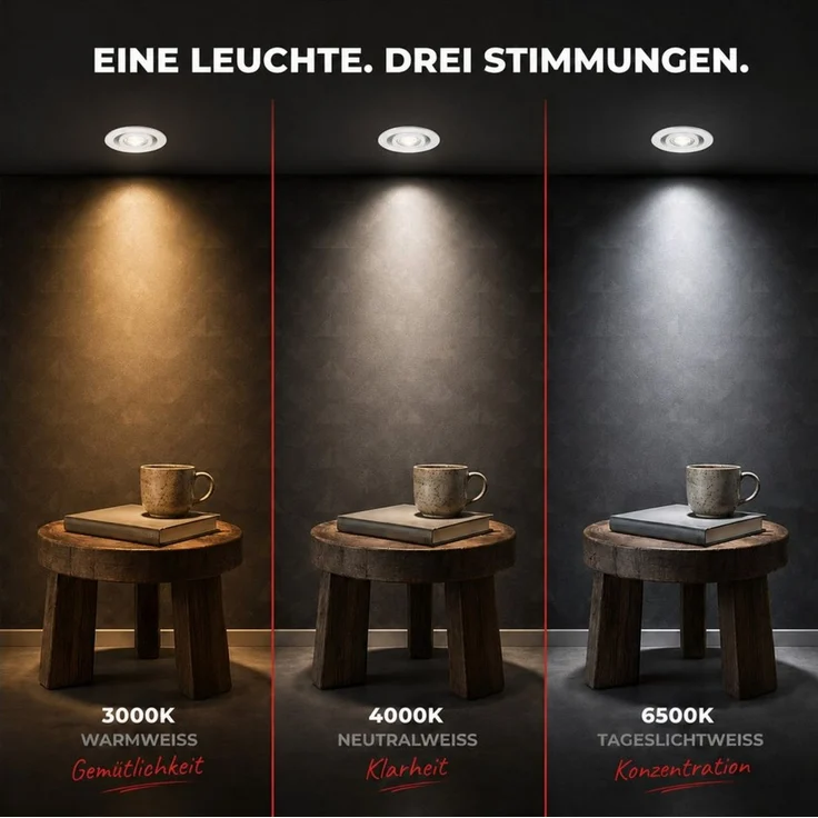 Maxkomfort LED Einbaustrahler 6/12er-Set Ultraflach & Schwenkbar, 3 Lichtfarben umschaltbar, LED fest integriert, (3000K/4000K/6500K), IP20 Deckenspots für Wohnzimmer, Küche & Flur - Ø82x25mm – Bild 4
