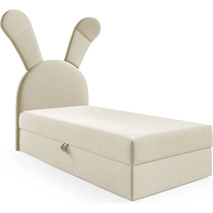 MEBLINI Kinderbett mit Bettkasten KANINCHEN 100x200 Links – H3/Beige Samt Gepolstert Einzelbett mit Matratze - Polsterbett mit Stauraum - Bett mit Kopfteil – Stauraumbett