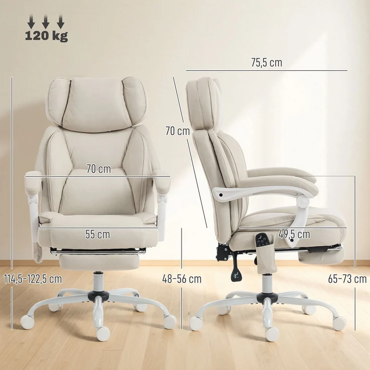 MELAYR, Hochlehner-Bürostuhl mit Vibrationsmassage und Heizung, ergonomisch, neigbar, 70 x 75.5 x 122.5 cm, Cremeweiß – Bild 5