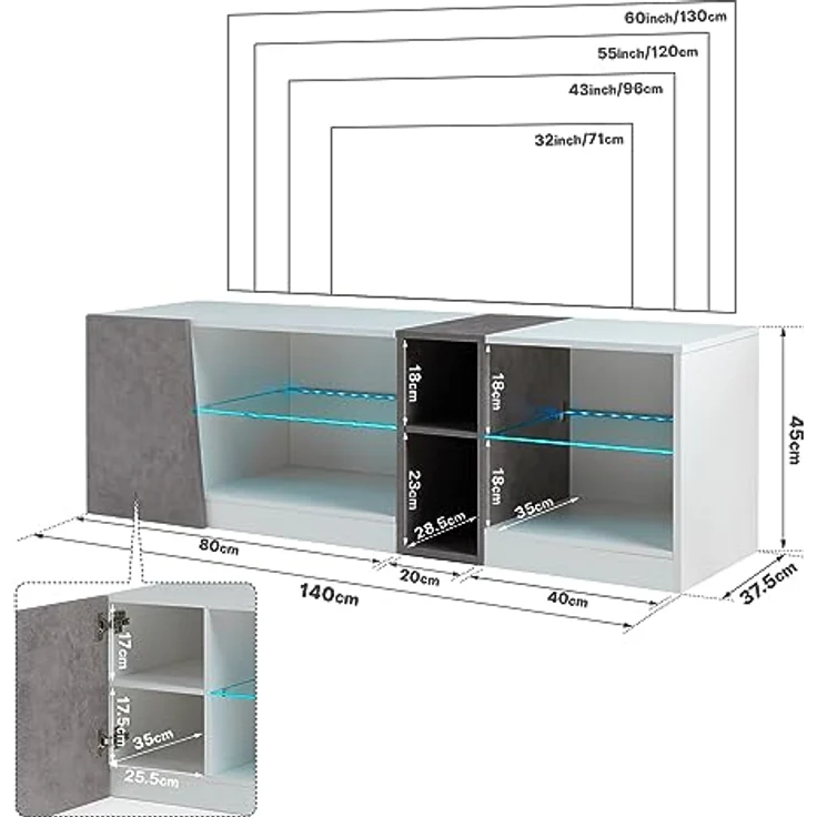 Mondeer TV Schrank, LED TV Lowboard Fernsehtisch mit 5 offenen Fächern und 1 Tür Geeignet, für Wohnzimmer Schlafzimmer, B140 x H45 x T37,5 cm, Weiß und Grau – Bild 3