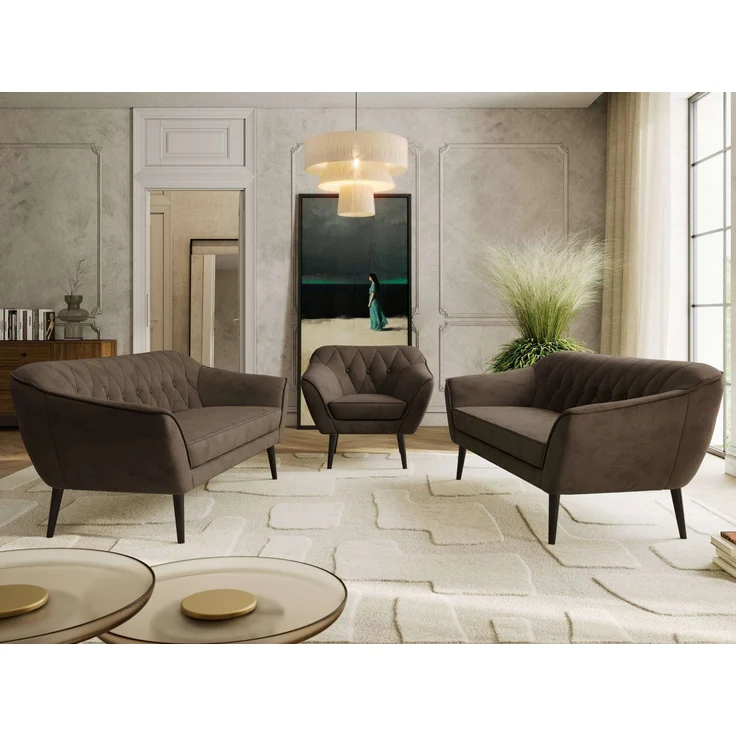 Wohnzimmerset, Möbelset PIRS 3-3-1, Armlehnen, Wellenfederung, schwarze Füße, Dreisitzer Sofas mit Sessel, Polstermöbel Set - Braun Velvet – Bild 3