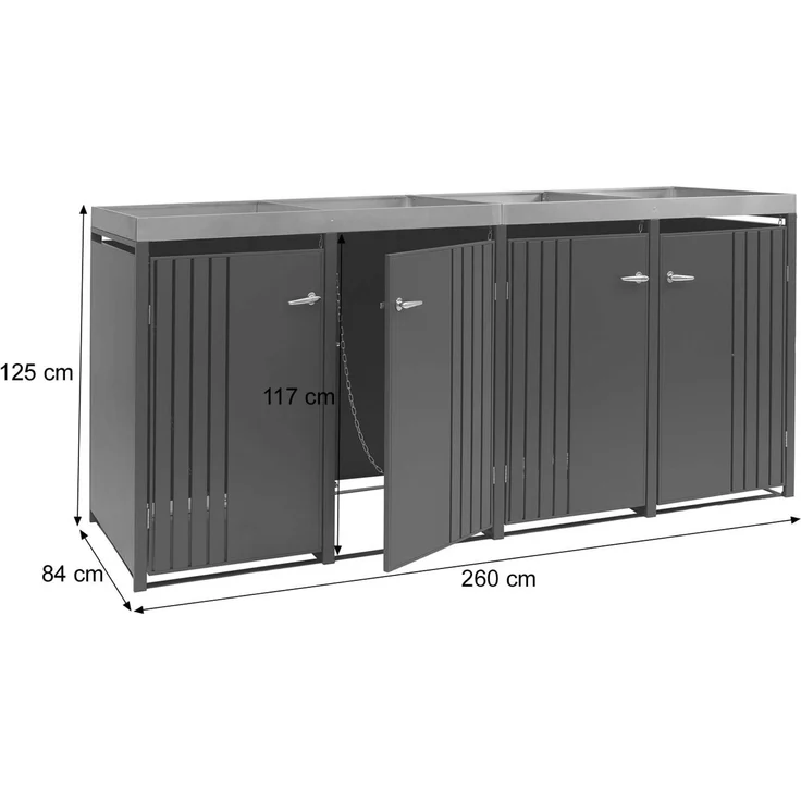 4er-Mülltonnenverkleidung HWC-O67, Mülltonnenbox mit Pflanzkasten, Metall 125x260x84cm 95kg ~ anthrazit – Bild 3