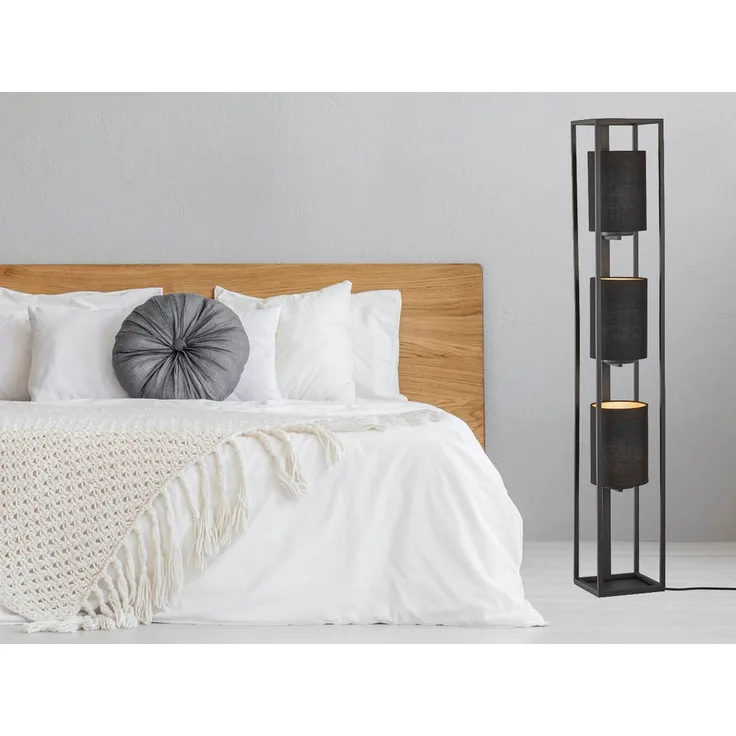 LED Stehlampe 3-flammig Schwarz Stoffschirme innen Gold, Höhe 130cm