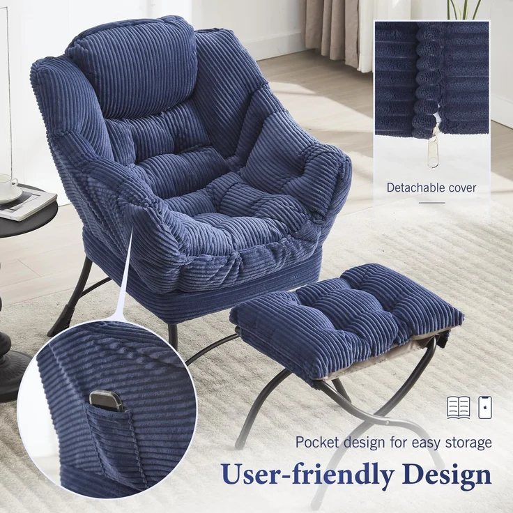 LVHOM Relaxsessel mit Hocker, Loungesessel mit Seitentasche, Lesesessel aus Cordstoff, bequem gepolstert, Metallgestell, bis 180kg belastbar, Blau – Bild 4