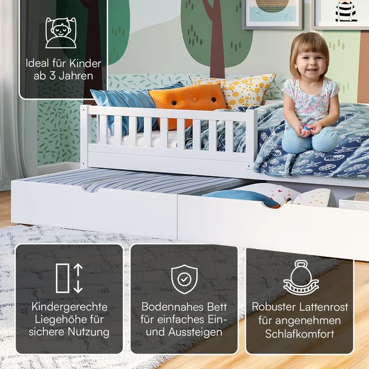 Bellabino 'Vils' Kinderbett 90x200 cm mit großer Schublade, weiß, Kiefer Massivholz, Montessori Bett mit Stauraum, mit abnehmbarem Rausfallschutz und Lattenrost – Bild 4