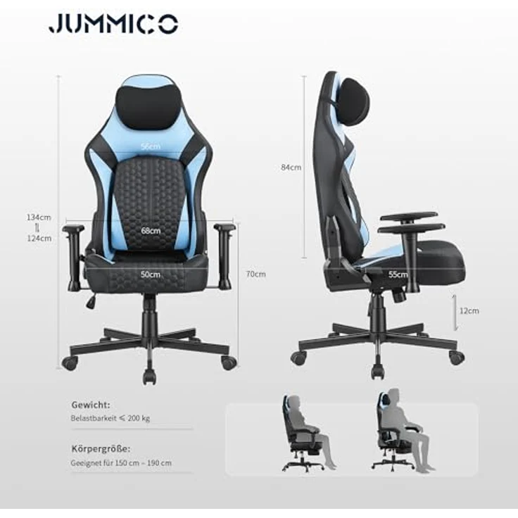 JUMMICO Gaming-Stuhl mit Verstellbarer Lendenwirbelstütze & 2D-Armlehnen, 90-140° Neigbar, Ergonomischer Computerstuhl aus Kunstleder, Atmungsaktiver Bürostuhl für Gamer & Büro, 150 kg, Blau – Bild 2
