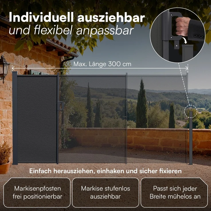 STEELSØN 'Zirella' Seitenmarkise mit Aluminium-Kassette, ausziehbar, 180x300 cm, anthrazit, Windschutz, wetterfest und blickdicht – Bild 4