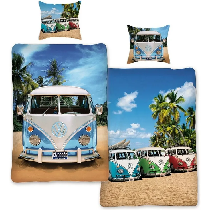 BERONAGE Wendebettwäsche VW Volkswagen Bulli Live Bettwäsche Biber / Flanell 062 Bettbezug Bus, 100% Baumwolle, 2 teilig, 135x200 + 80x80 cm