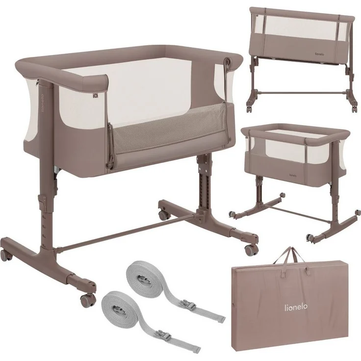 Lionelo Aurora 3 in 1 Babybett bis 9 kg, Beistellbett, Wiege, Höhenverstellug und Einstellung der Neigung der Matratze, 4 Räder mit Bremse Ergonomische Matratze Tasche – Bild 5