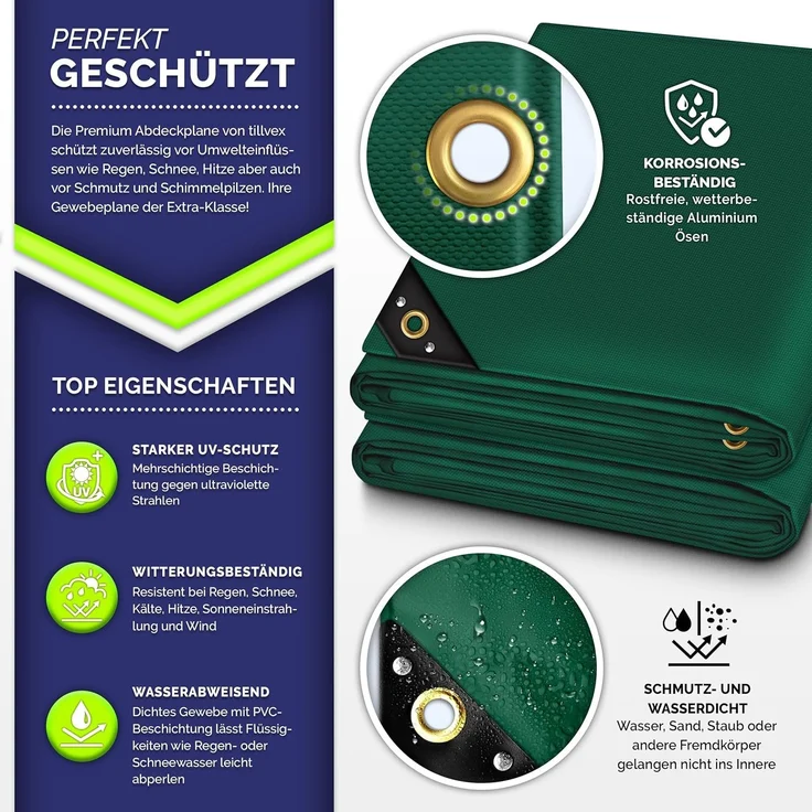 tillvex® Abdeckplane Grün 4x8 m mit Ösen + 10 Haken & 15m Seil | Gewebeplane 650g/m² Wasserdicht & Reißfest | Premium PVC-Plane Universell LKW, Pool, Holz Gartenmöbel | Gartenplane Abdeckung – Bild 2