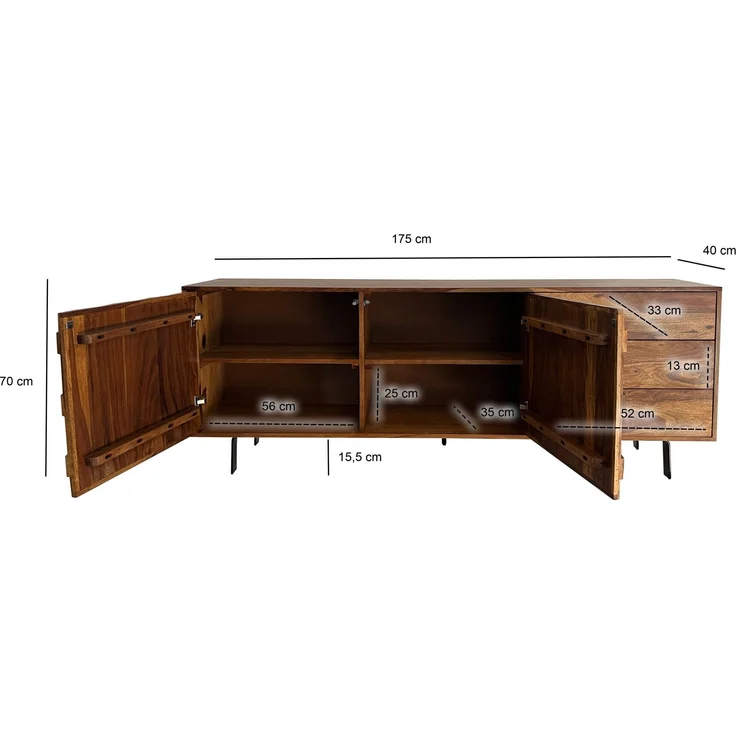 FineBuy Sideboard Sheesham Massivholz 175 cm 2 Türen & 3 Schubladen - Massive Retro Kommode mit Metall Beinen - Design Natur Anrichte - Handmade Industrial – Bild 3