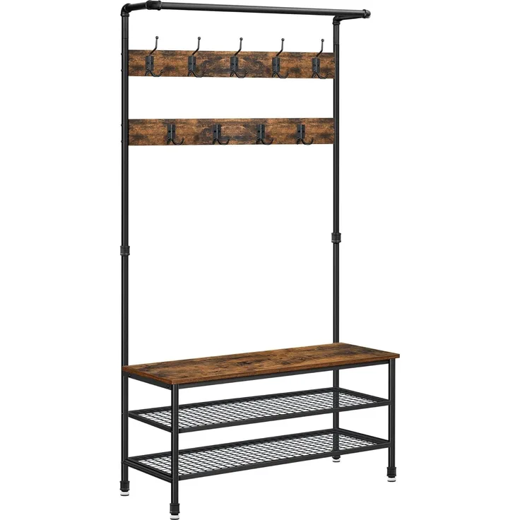 Vasagle Garderobenständer mit Sitzbank und Haken, Holz Vintagebraun/Schwarz, 100 x 41,5 x 182 cm