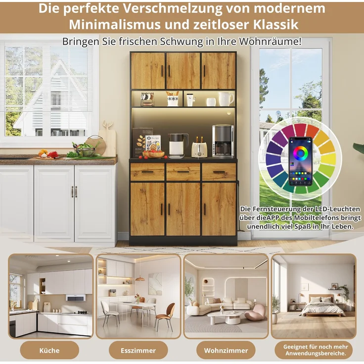 100x40x180cm, multifunktionales Buffet mit LED-Beleuchtung mit APP-Steuerung, Schubladen, verstellbaren Einlegeböden, Kabelführungslöchern und Steckdosen, ideal für Küchen und Esszimmer – Bild 3