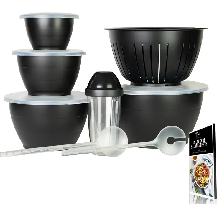 Thiru Salatschüssel 6 Teilig 0,6L/1,3L/2,5L/4,4L - mit Deckel, Seiher, Salatbesteck, (8-tlg), Spülmaschinenfest – Bild 1