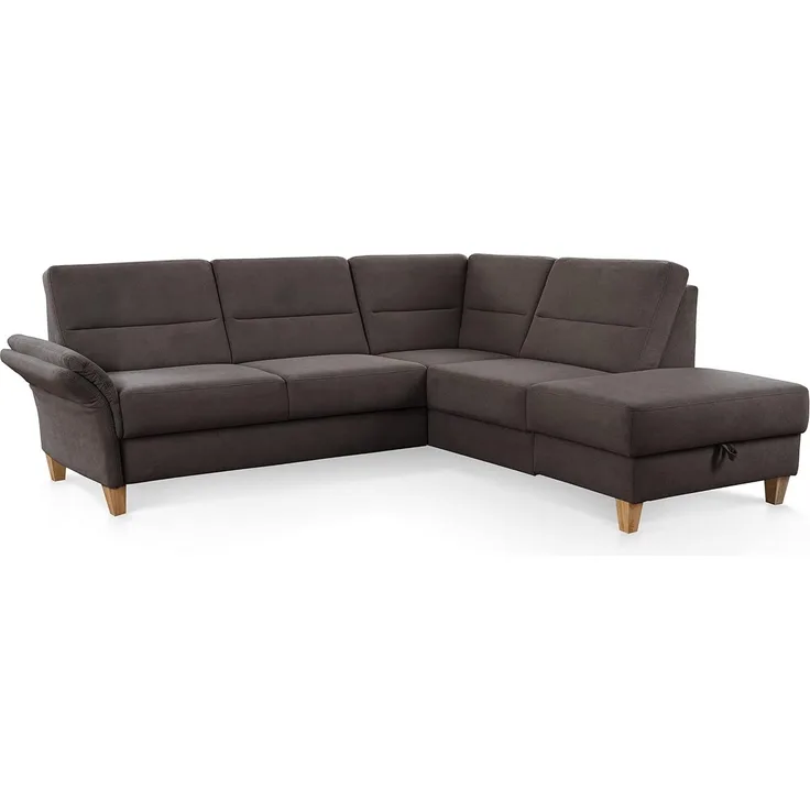 CAVADORE Schlafsofa Wyk mit Federkern / Eckcouch im Landhaus-Stil mit Ottomane, Bett, Stauraum + Armteilfunktion / 238 x 90 x 213 / Jacquard, Braun