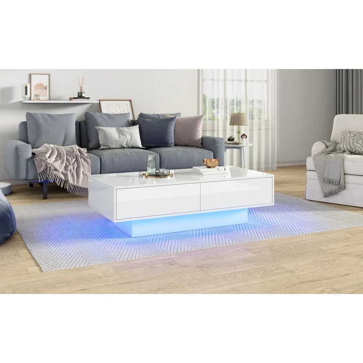 Merax Moderner Hochglanz Couchtisch in Weiß, 115 x 55 x 34 cm, mit 2 Schubladen, LED-Beleuchtung und 30 kg Tragkraft – Eleganter Wohnzimmertisch – Bild 8