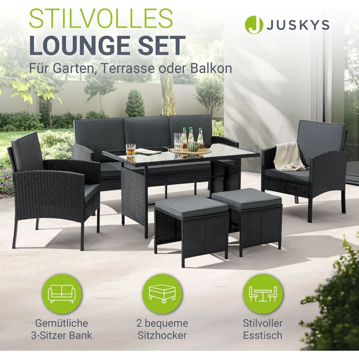 Juskys 'Turin' Outdoor Sitzgruppe für 7 Personen, Polyrattan, 120 x 70 cm, Schwarz – Bild 2
