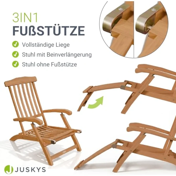 Juskys Gartenliege Evia, 2 St., Klappbar aus geöltem Akazienholz, 4-fach verstellbare Rückenlehne, Natur – Bild 5