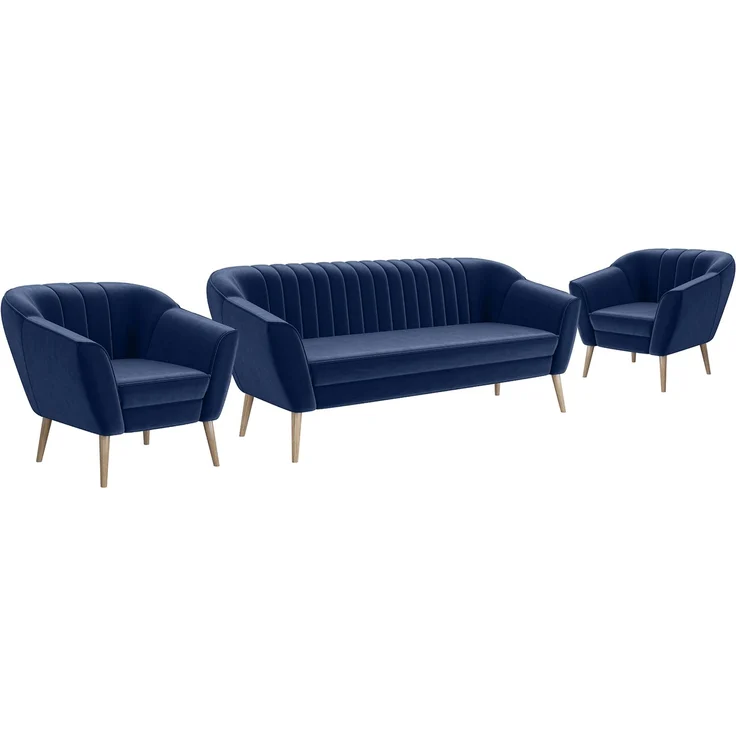 MEBLINI Sofa-Set KAIA 3+1+1 - Blau Samt - für Wohnzimmer - Mini Lounge für fünf Personen - Küchensofa - Sofa Klein - Sitzgarnitur - Polstergarnitur - Sofagarnituren – Bild 1