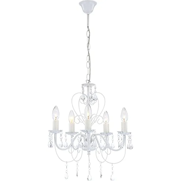 Kronleuchter, 5-flammig, Kristalle, weiß, Lüster, H 129 cm