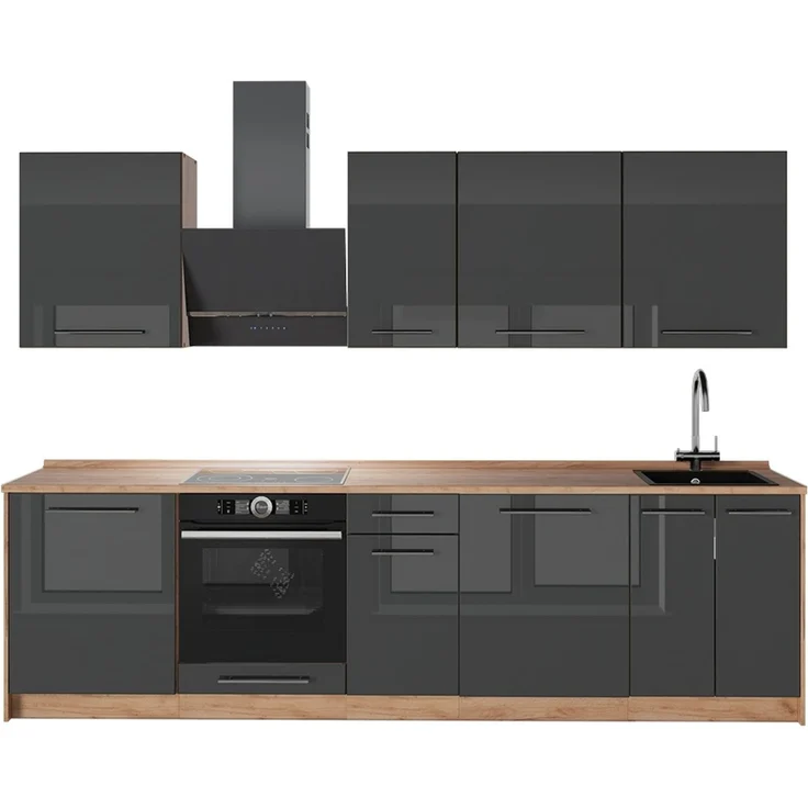 Küchenzeile Fame-Line Anthrazit Hochglanz/Goldkraft Eiche 280 cm, AP Eiche Vicco – Bild 1