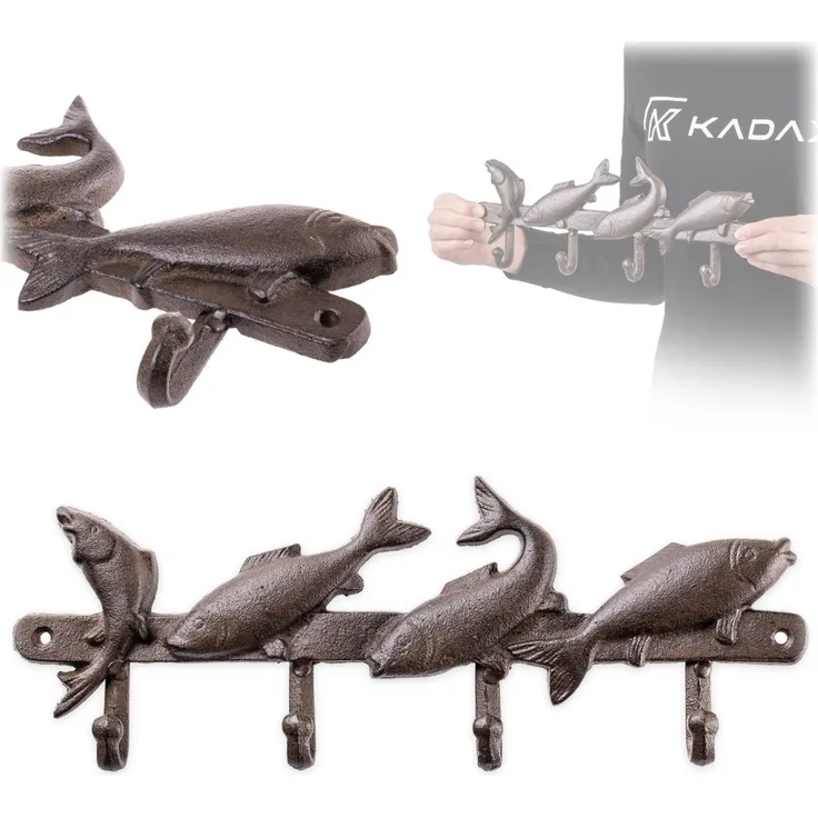KADAX Fische Hakenleiste aus Gusseisen 34 x 13 cm, maritime Wandgarderobe mit 4 Haken, Wandhaken, Garderobenleiste zur Wandmontage, Kleiderhaken für Flur (Braun)