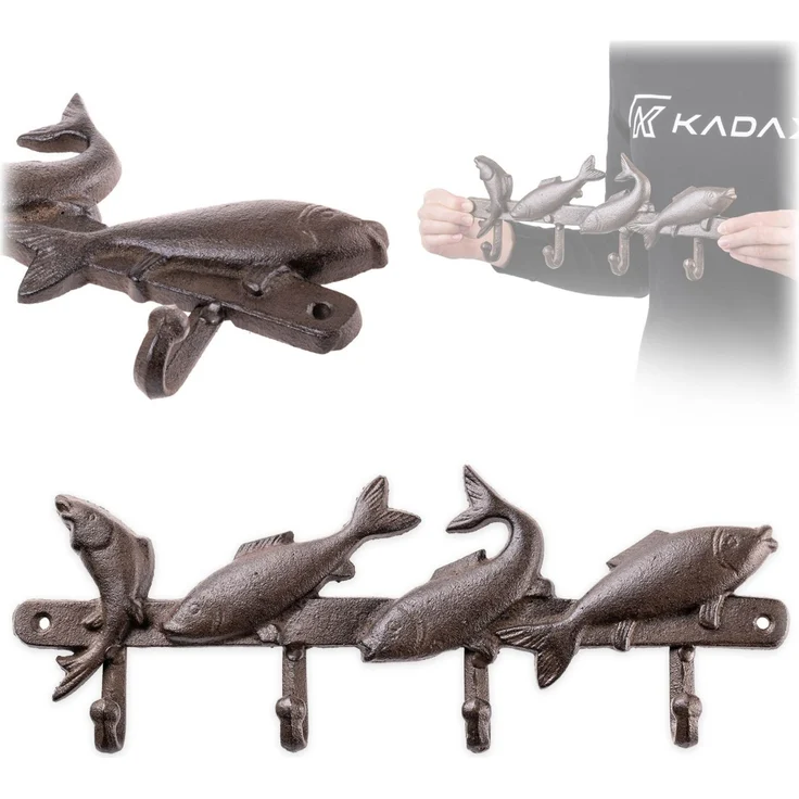 KADAX Fische Hakenleiste aus Gusseisen 34 x 13 cm, maritime Wandgarderobe mit 4 Haken, Wandhaken, Garderobenleiste zur Wandmontage, Kleiderhaken für Flur (Braun) – Bild 1