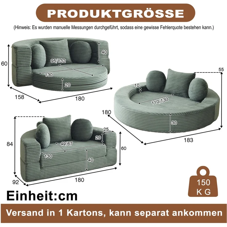 Schlafsofa aus Cord, 4-in-1 umbaubar zum runden Tagesbett, 180x183x55 cm, Grün – Bild 5