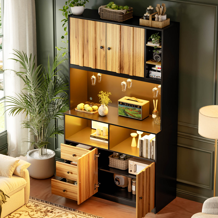 180 cm Küchenschrank, Hochschrank mit LED, Küchenregal mit Steckdose, Weinregal und Vitrine für Küche & Esszimmer--Schwarz + Natur--100x40x180cm--YOUDENOVA – Bild 10
