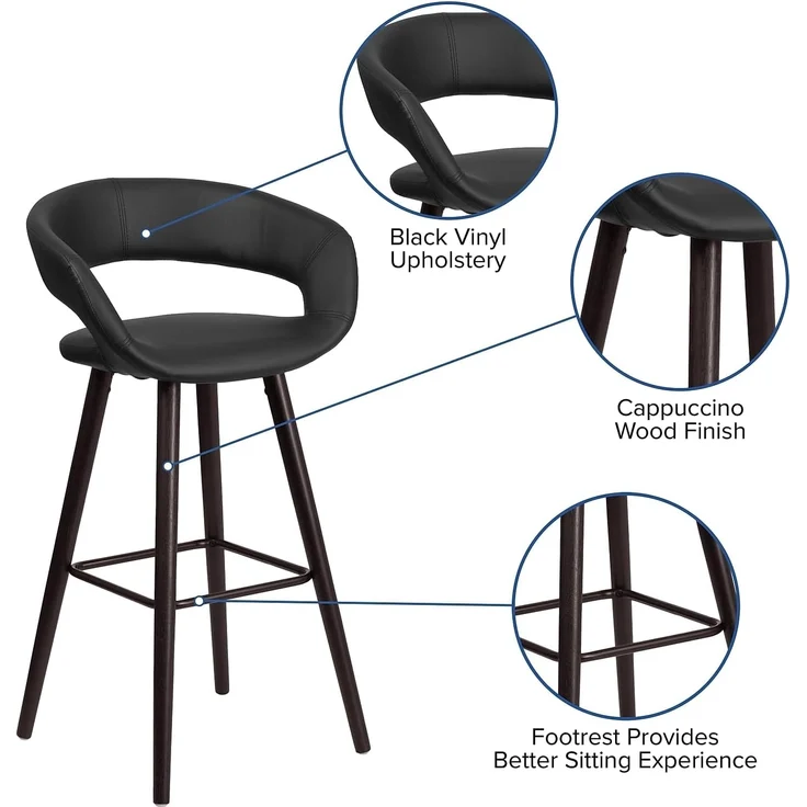 Flash Furniture Brynn Series Barhocker aus Cappuccino-Holz, 73 cm, Schwarz, Vinyl, 2 Stück – Bild 5