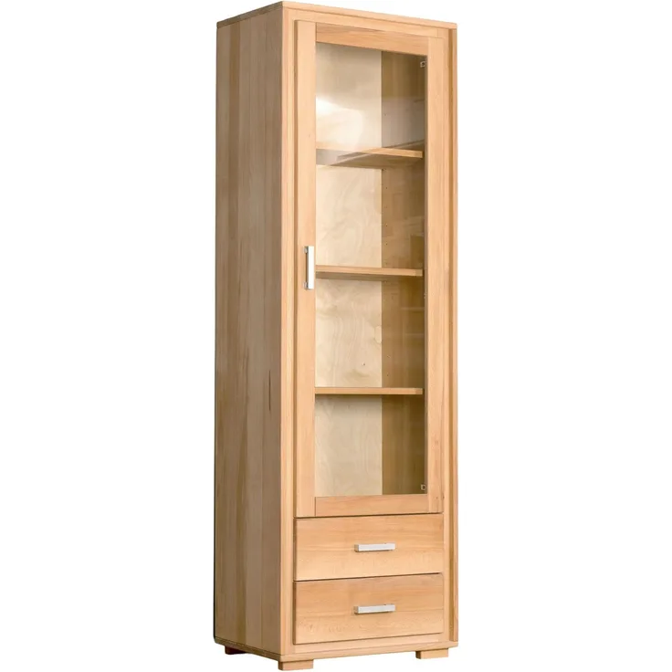 Woodline Vitrine 1-türig rechts Kernbuche Massivholz geölt, Genf Natur, Auszug ohne Softclose 61x40x193 cm